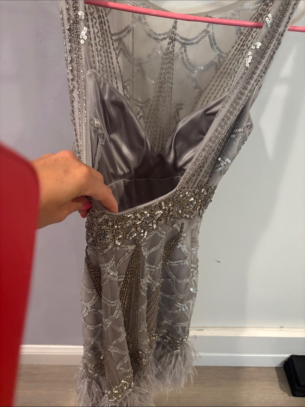 SUE WONG Beaded Feather Hem Cocktail Dress - SILVER - Picture 5 of 6